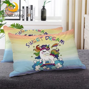 BlessLiving Unicorn Kids Sleeping Pillow Cute Magical Down Alternative Pillow Rainbow Teen Girl Purple Yellow Bedding 1pc 1