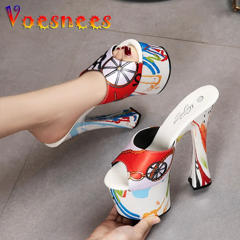 

Voesnees Summer Printing Fashion Platform High Heel Shoes Women Party Nightclub Peep Toe Sandals Gladiator 17.5CM Silks Slippers