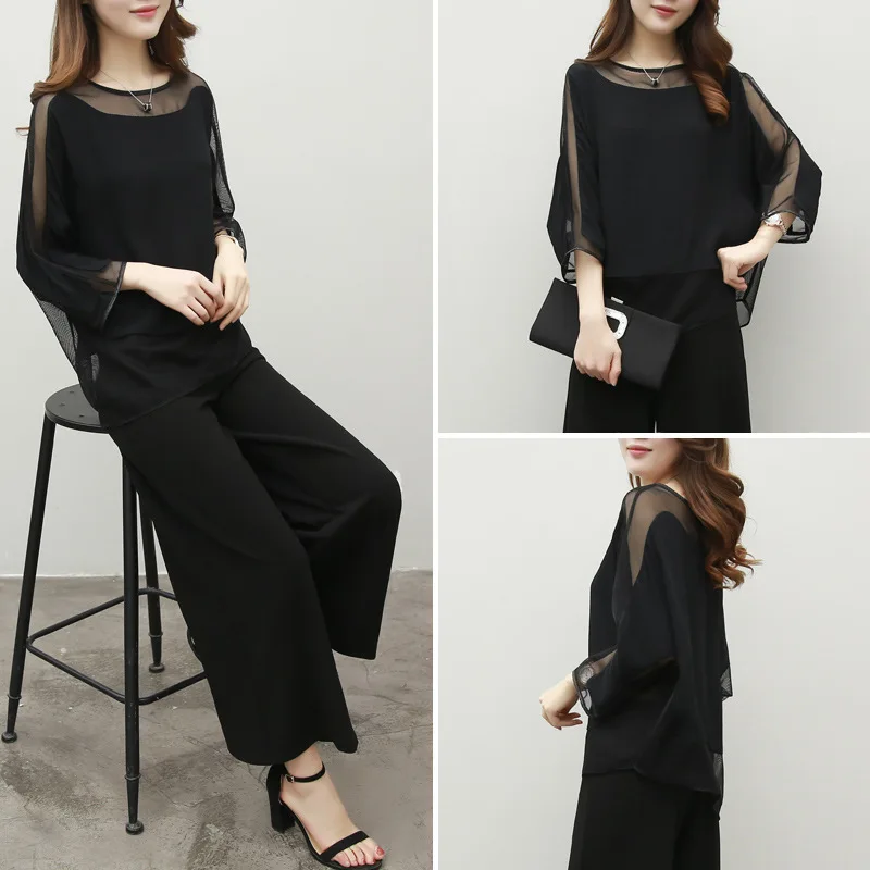 Широкие брючные костюмы для матери невесты однотонные черные шифоновые