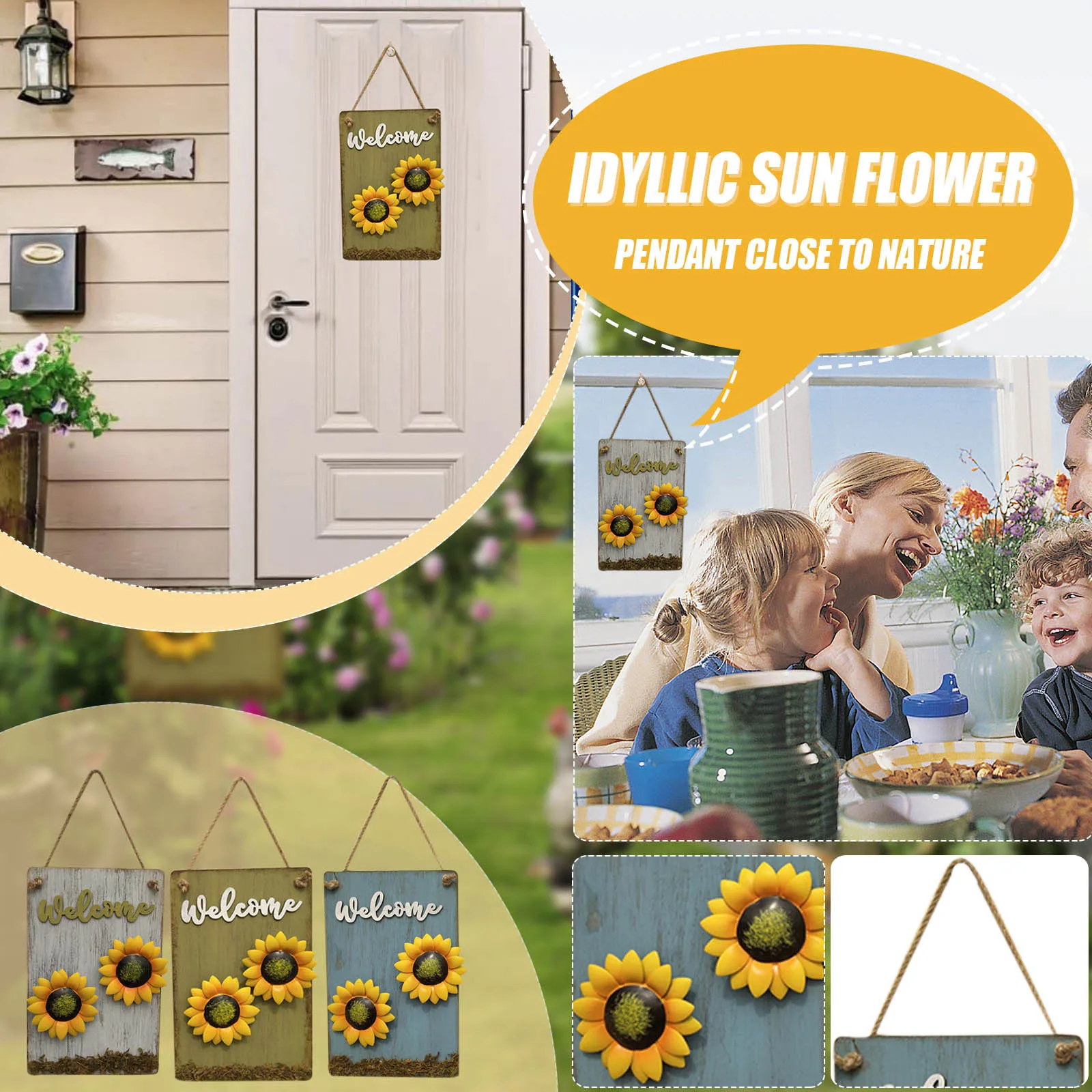 

Sun Flower Wall Hanging Decorations Pastoral-style Living Room Bedroom Wood Panel Painting Retro Welcome Signs Ornaments