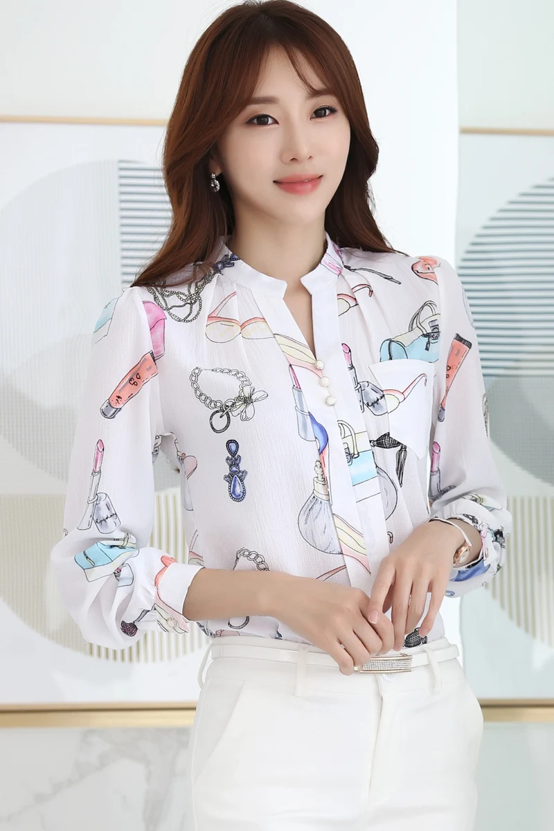 

New Long Sleeve Women's Blouse Printing V-neck Chiffon Comfortable Casual Blouses Fashion Top Korean Summer Shirt