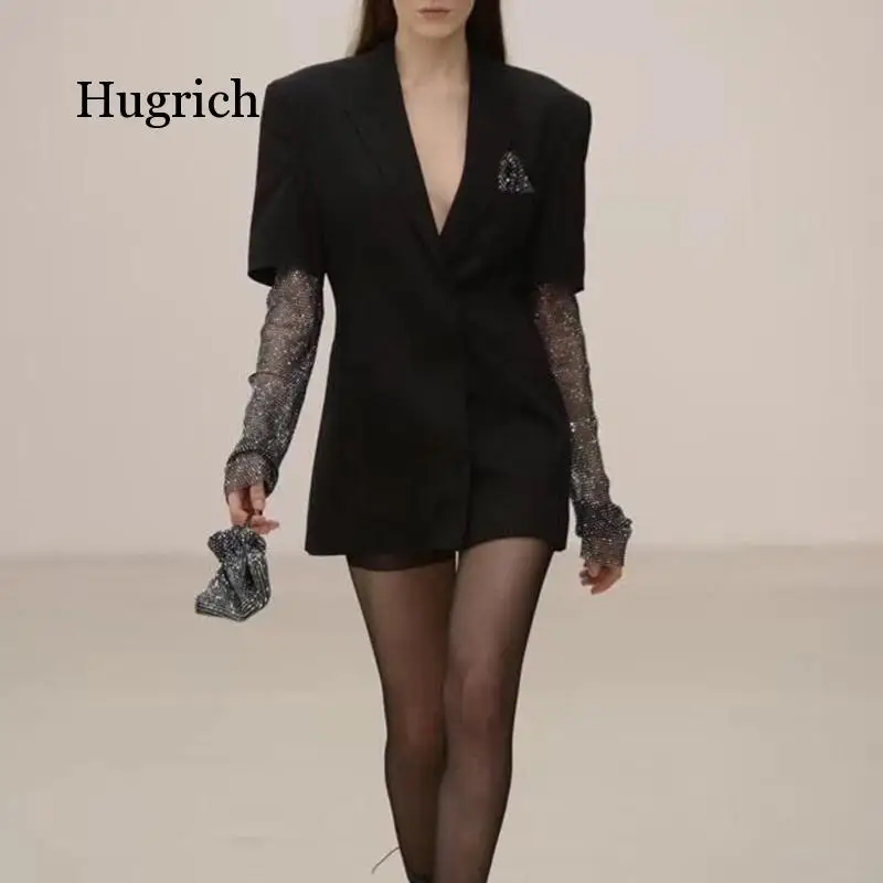 Summer Solid Blazer for Women Long Sleeve Diamond Patchwork Long Elegant Coat Female Fashion Clothing 2021 New