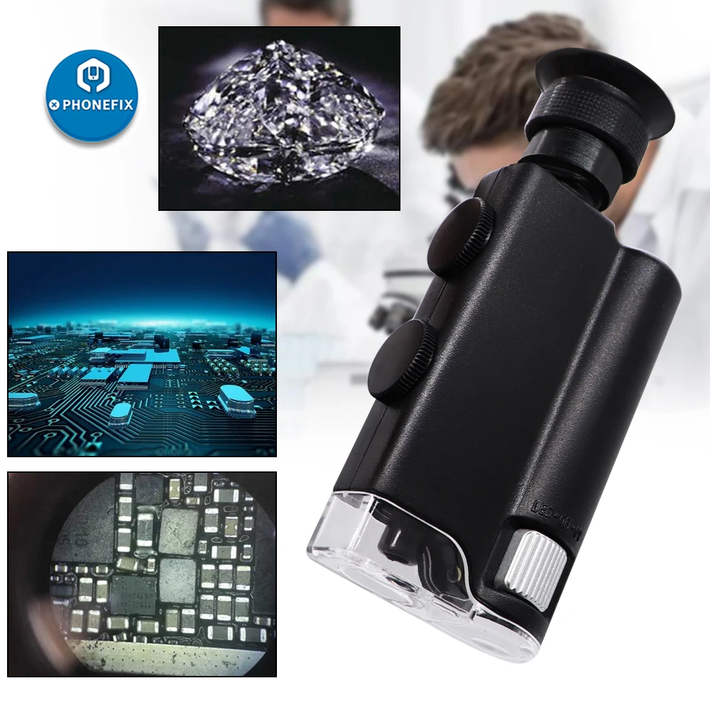 

Portable Microscope Pocket 60X-100X/ 200-240X Handheld LED Ultraviolet Light Loupe Zoom Magnifier Magnifying Glass Pocket Lens