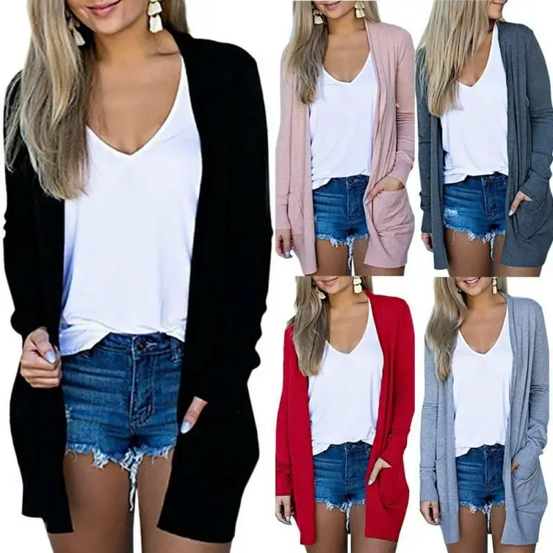 

Fashion Women Ladies Long Sleeve Loose Mid Length Knitted Casual Sweater Cardigan Jacket Pure Coat