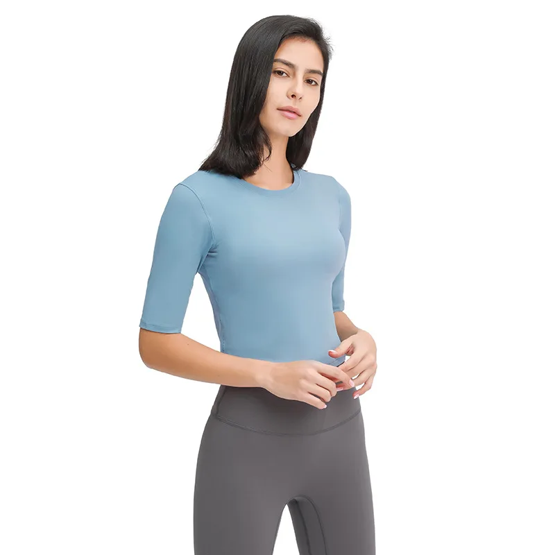 

2021 Spring and Summer New Product Slim Slimming Short Sports Fitness Middle Sleeves Simple solid Color Women's Yoga Clothes