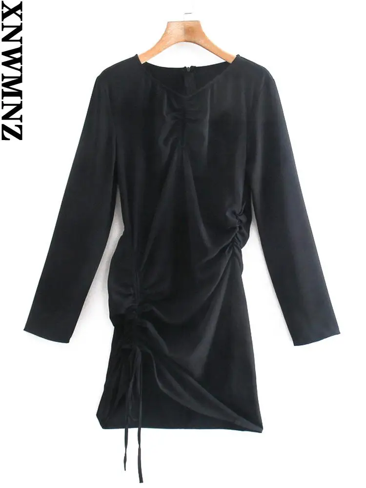 

XNWMNZ vestidos de fiesta Women fashion with drawstring draped cozy mini dress vintage long sleeve female dresses vestidos mujer