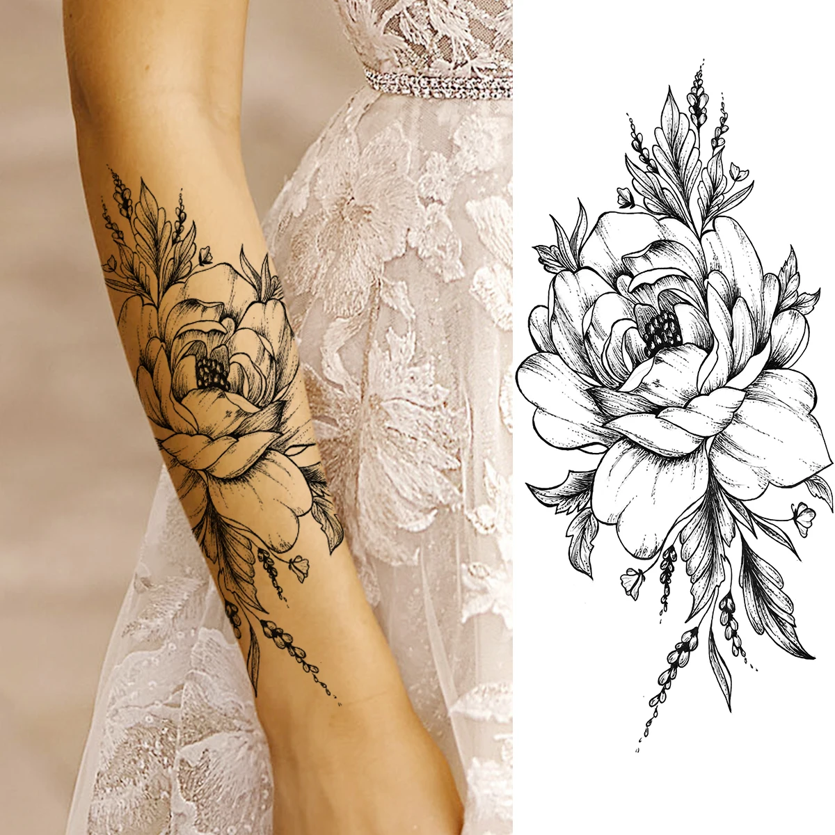 Временные татуировки с черными пионами для женщин Роза взрослых и девушек