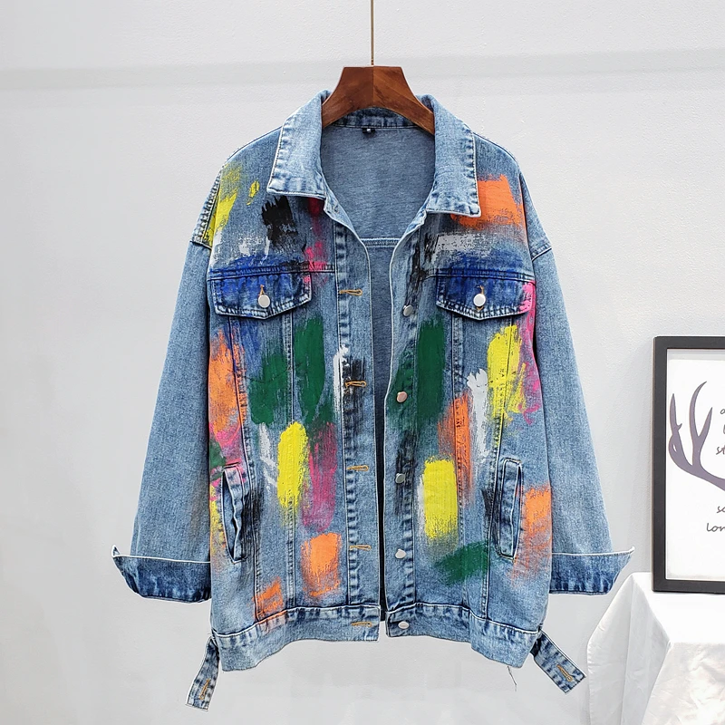 

Модная разноцветная джинсовая куртка с граффити, Женская куртка, женская Свободная джинсовая куртка средней длины с ручной росписью, женск...