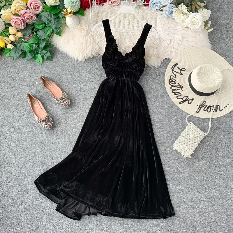 Fashion Sexy Spaghetti Strap Dress 2019 New Autumn Winter Women Solid Slim A-line Party Velvet Robe Ladies Casual Elegant | Женская