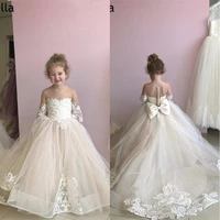 puffy tulle flower girl dress lace appliques big bow sheer neck girls pageant gowns first communion dress