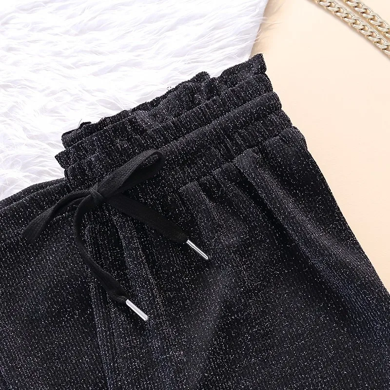 Casual Womens Summer New Glitter Falling Wide Leg Pants High Waist Drawstring Thin Loose Korean Full Length Trousers Plus Size | Женская
