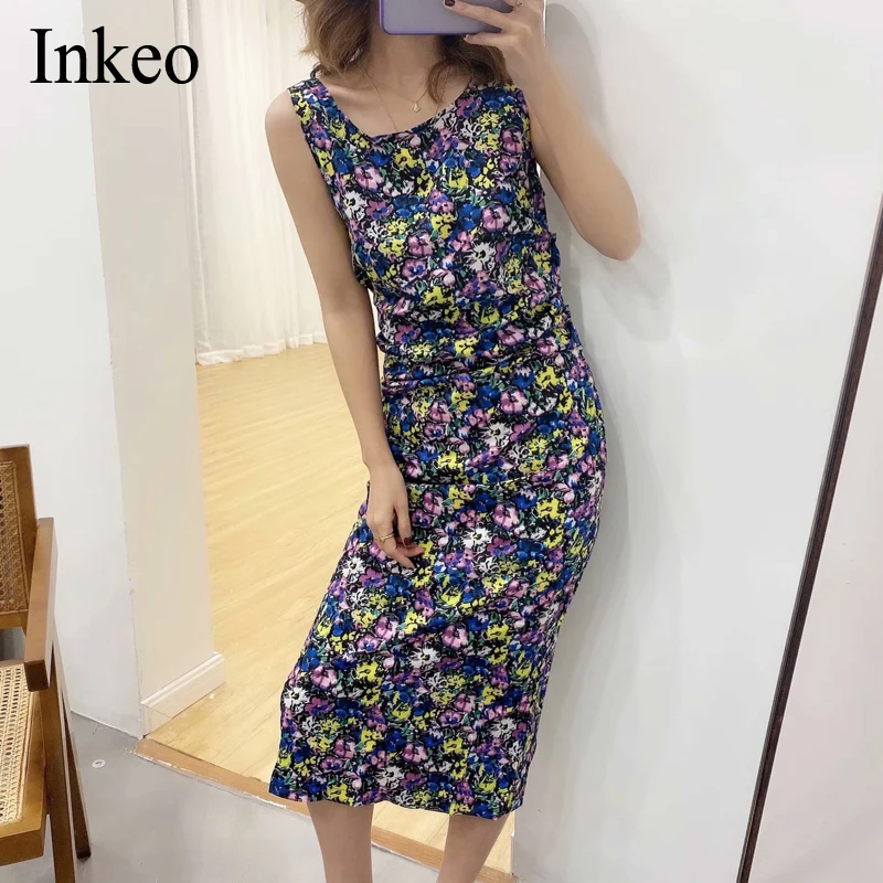 

Office ladies Floral print Bodycon Ruched dress Summer Sexy Sleeveless O-neck Female Slim Midi dress Club Vestidos INKEO 9D164