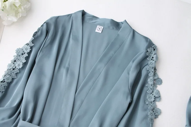 

Satin Pajamas Lady Summer Kimono Robe Gown Sets Women Outfits Sleepwear With Brest Pads Lace PJS Sexy Ice Silk Home Clothes