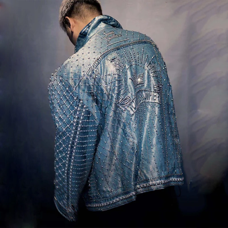 

Blue Rhinestone Denim Jacket Sexy Fashion Loose Coat Male Female Dancer DJ Singer Stage Wear Nightclub Hip Hop Dance Wear DN5559
