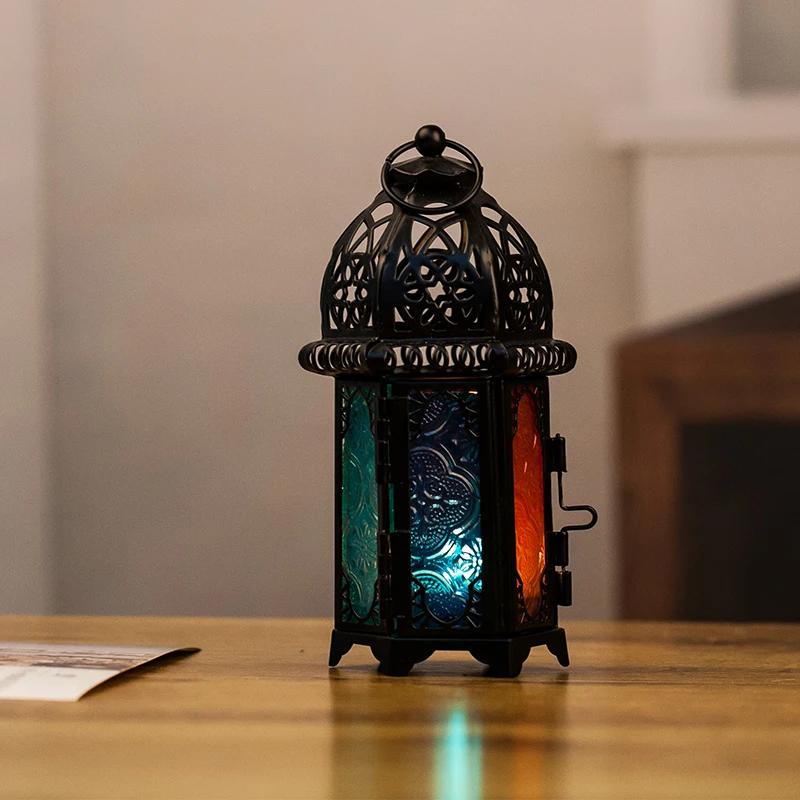 

Moroccan Antique Iron Candlestick Decoration Decoration Creative Home Bar Wedding Candles Colored Glass European-style Wind Lamp