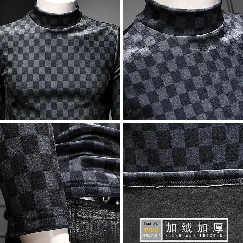 

Plaid printed men's base shirt high collar Plush thickened large long sleeve T-shirt for men
