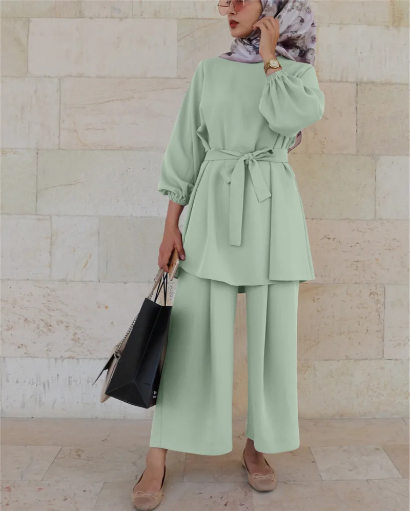 

Muslim 2 Piece Sets Women Abaya Dubai Lace-up Tops Wide Leg Pants Kaftan Arab Turkey African Prayer Islamic Maternity Clothes