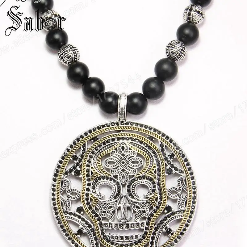 Череп Маска диск Кулон черный обсидиана бусы ожерелье Rebel ювелирные изделия для