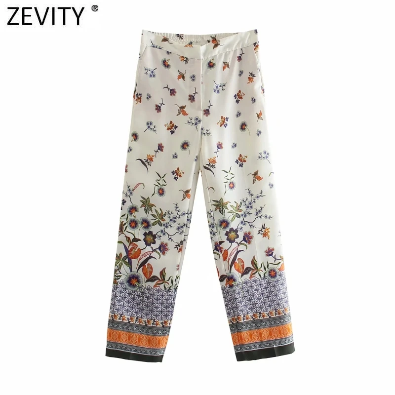 

Zevity 2021 Women Vintage Floral Print Casual Patchwork Straight Court Pants Female Chic Elastic Waist Pockets Trousers P1150