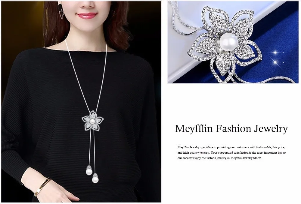 Meyfflin, женское ожерелье с искусственным жемчугом, модное, серебряное, цвет, Хрустальный цветок, длинное ожерелье, s& Кулоны, Ювелирное колье