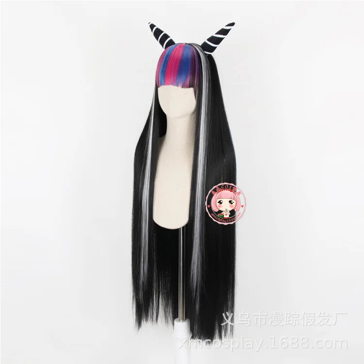 Danganronpa 2 миода Ибуки косплей парик Хэллоуин Синтетический Парик Косплей длинный прямой черный рог Стильный парик для взрослых Косплей