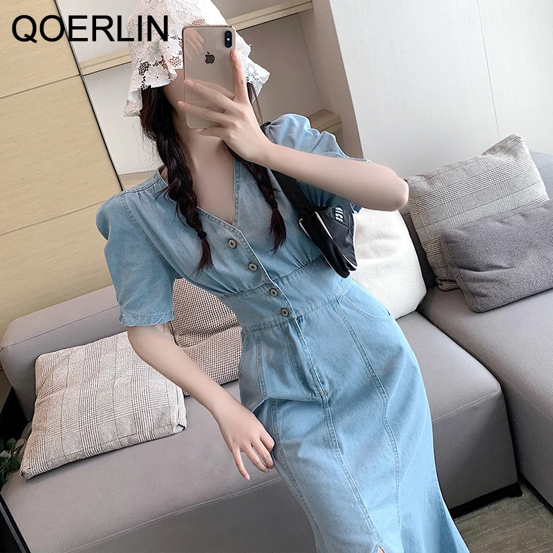 

QOERLIN Vintage Jeans Trumpet Dress Women Streetwear V-Neck Button Down Mermaid Dress Plus Size Side Pocket Split Denim Vestidos