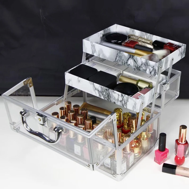 

Beauty Makeup Box Cosmetic Train Case Portable 3 Tier Trays Jewelry Storage Organizer Makeup Display Case