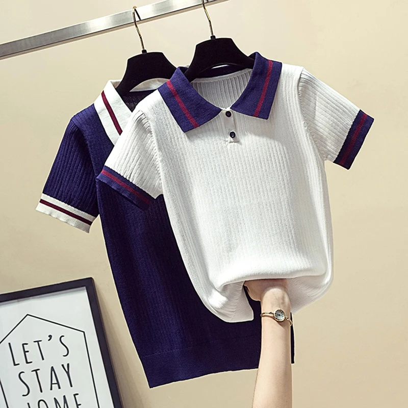

2021 Summer New Fashion Korean Loose POLO Top Short College Sleeve FitKnitted Women Loose Short Sleeved T shirt Women Seeved
