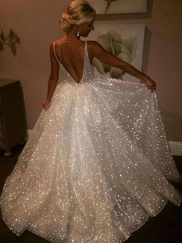 

Sparkly Glitter Wedding Dresses V Neck Open Backless A Line Bling Bling Shiny Bridal Gowns 2021 Fashion Vestido De Noiva