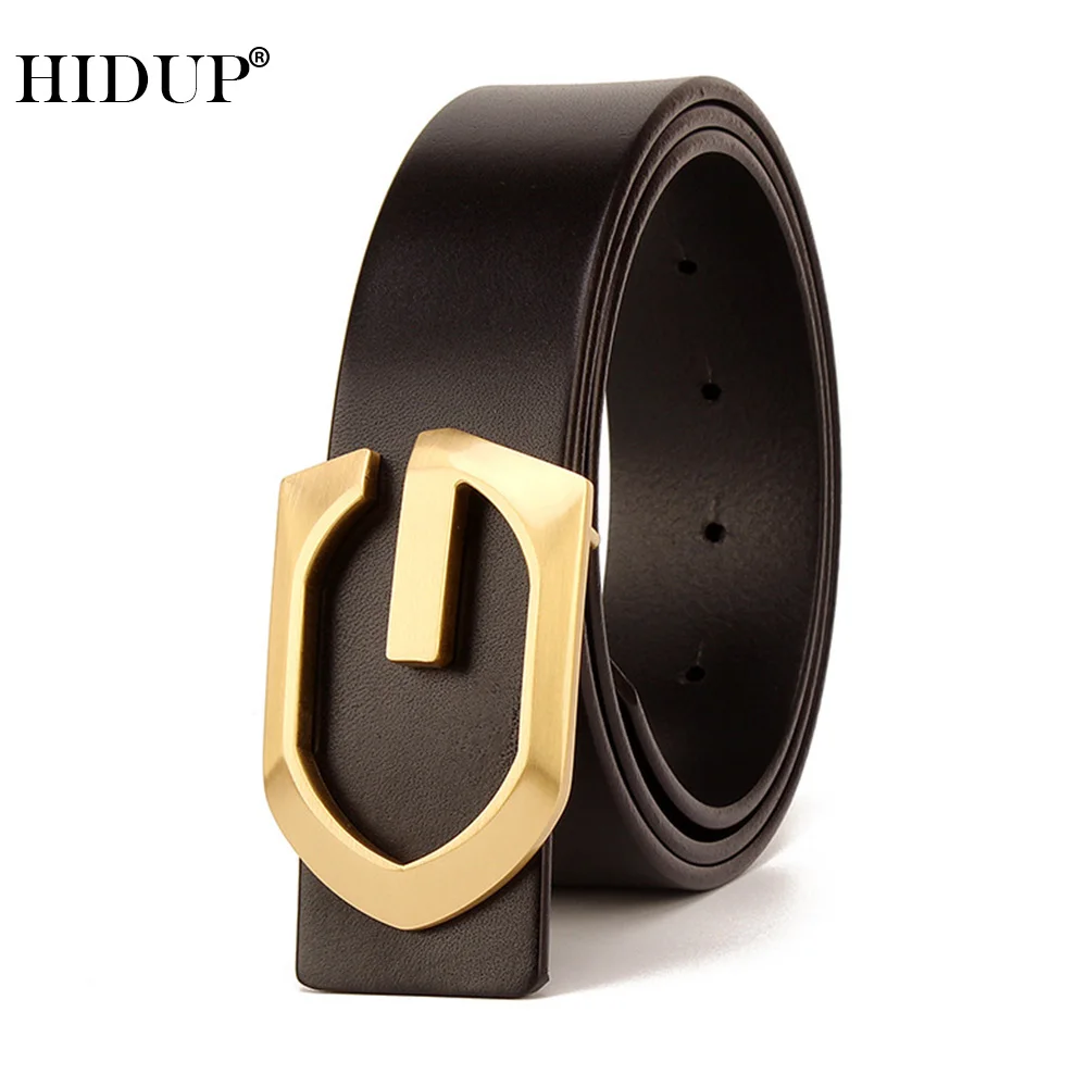 HIDUP Design Top Quality Cow Leather Solid Brass Letther Buckle Metal Belts Men Black 3.8cm Width Jeans Accessories NWJ870