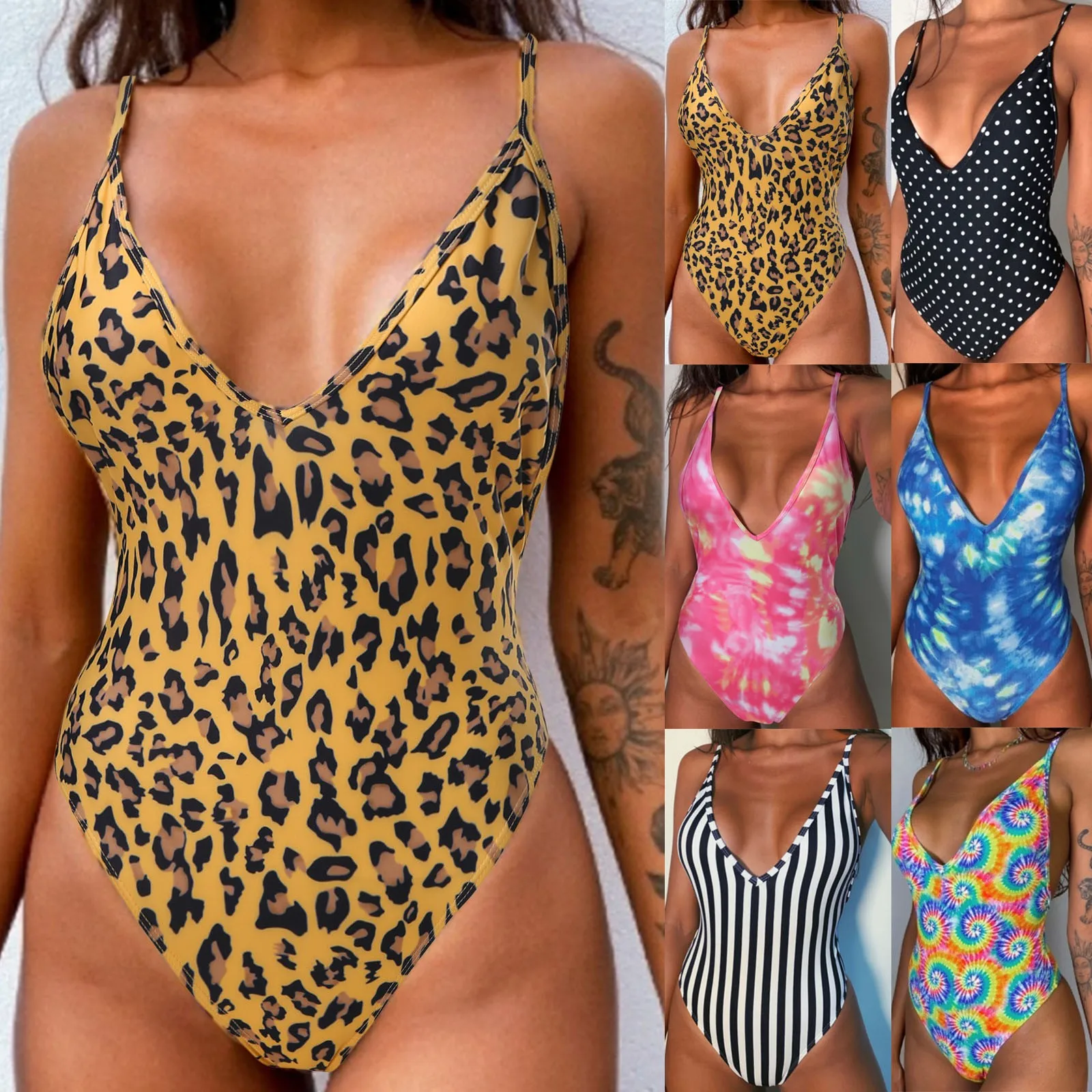 

Print One Piece Swimsuit Deep V Sexy Sling Swimwear Push Up Padded Bathing Suit Backless Tummy Control Swim Suit Monokini A50