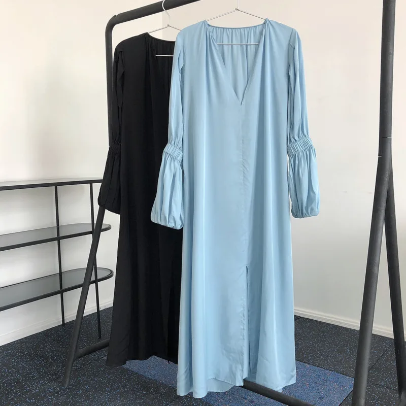 

V Neck Soft Tencel Puff Sleeve Woman Dress Elegant Side Split Solid Color Long Women Flowy Dress Fashion Casual Maxi Dress 2021