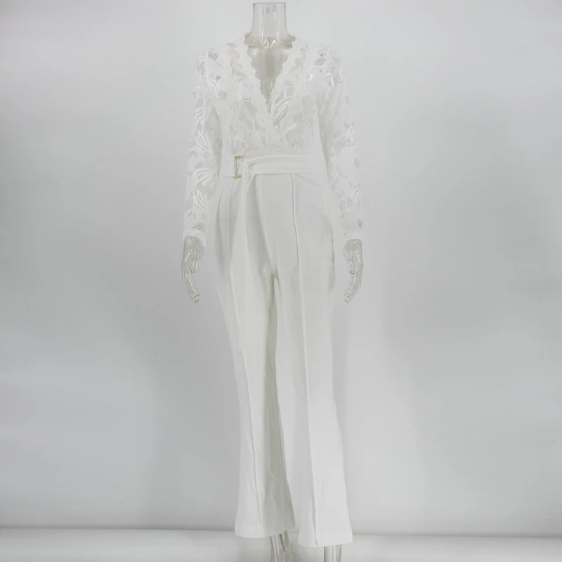 

Sexy V Neck Lace Patchwork Jumpsuit Women Autumn Long Sleeve Sheath Slim Solid White Jumpsuit Bodycon Wedding Party Rompers 2021
