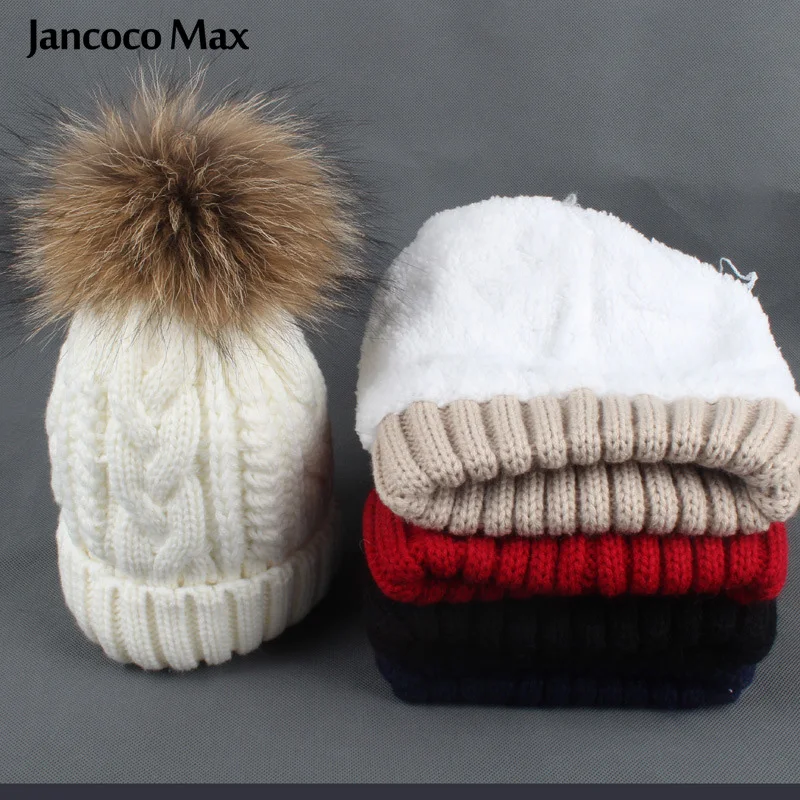 Jancoco Max детская шапка с помпоном из натурального меха енота зимние теплые детские