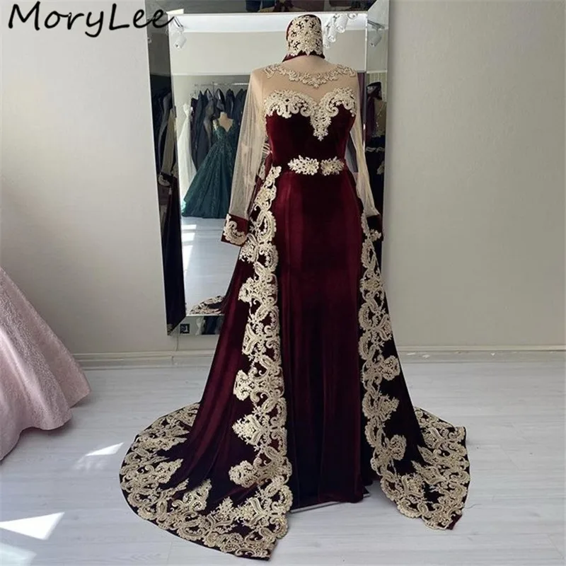 

Burgundy Prom Dresses Scoop Long Sleeves Mermaid Lace Applique Velour Prom Dresses With Zipper Back vestidos de fiesta de noche