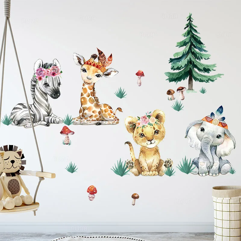 

Watercolor Cartoon Africa Animals Grassland Wall Stickers for Kids Room Baby Nursery Room Decoration Elephant Giraffe Stickers