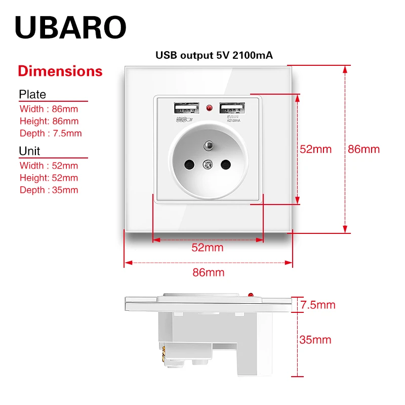 Электрическая розетка UBARO из закаленного стекла Ac100-250V 16 А 86 х86 французский