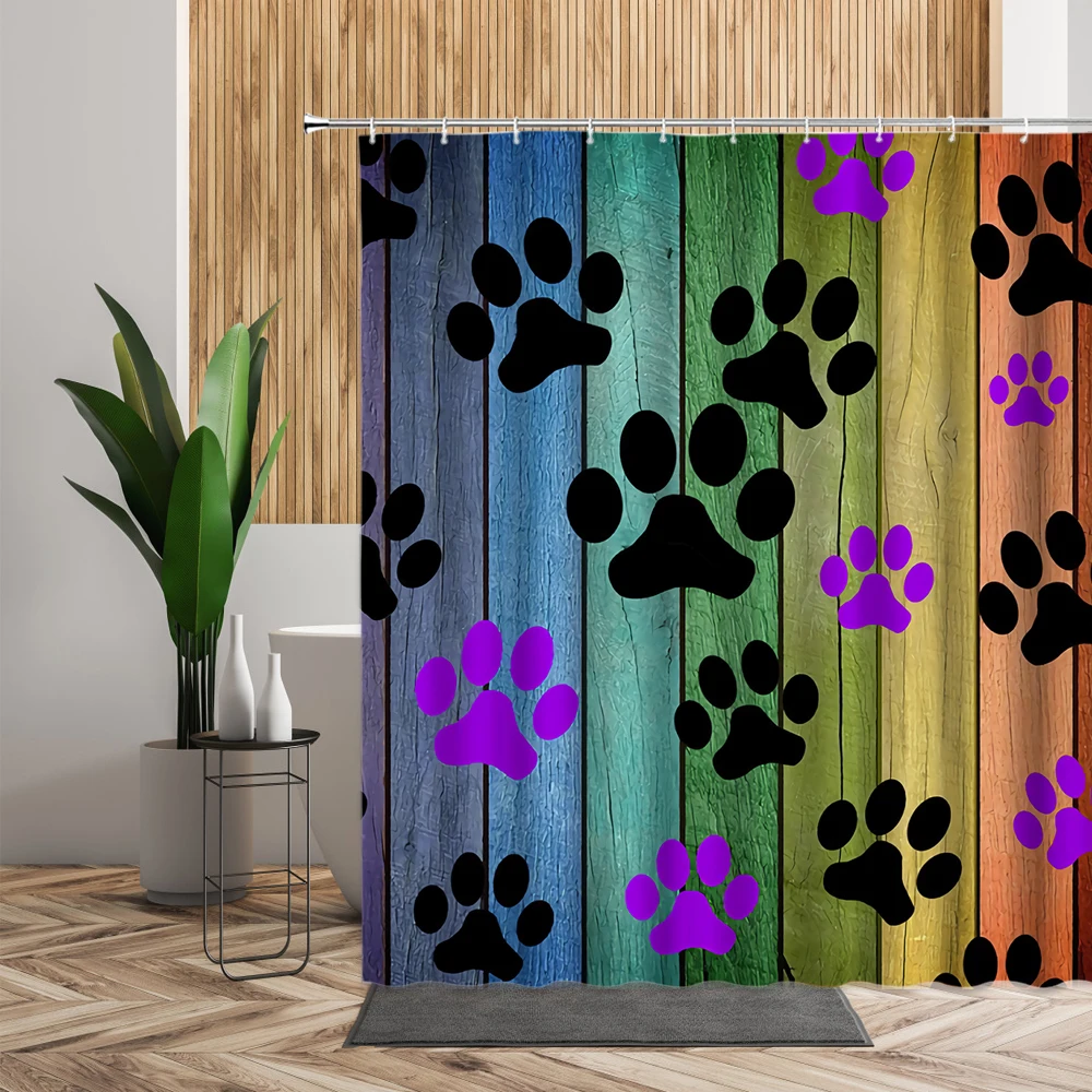 Штора для душа с принтом следы питомца цветная деревянная доска декор ванной