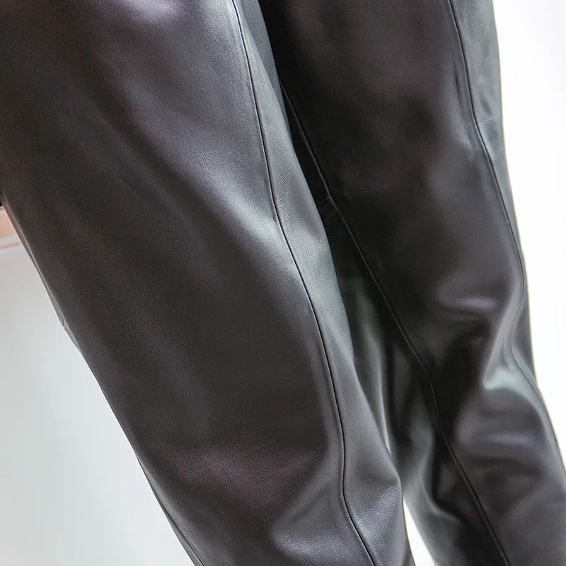 

2020 Loose Harem Real Leather Pants Women Fashion Black Sheepskin Genuine Leather Ladies Ankle Length Trousers Female Streetwear