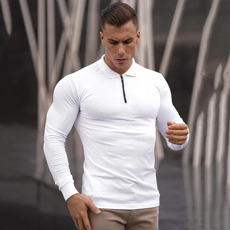 

Mens Polo Shirt Brand Solid Fitness Polo Shirts Muscle Guys Mens Cotton Slim Long Sleeve Polos Gym Bodybuilding Sports Jerseys