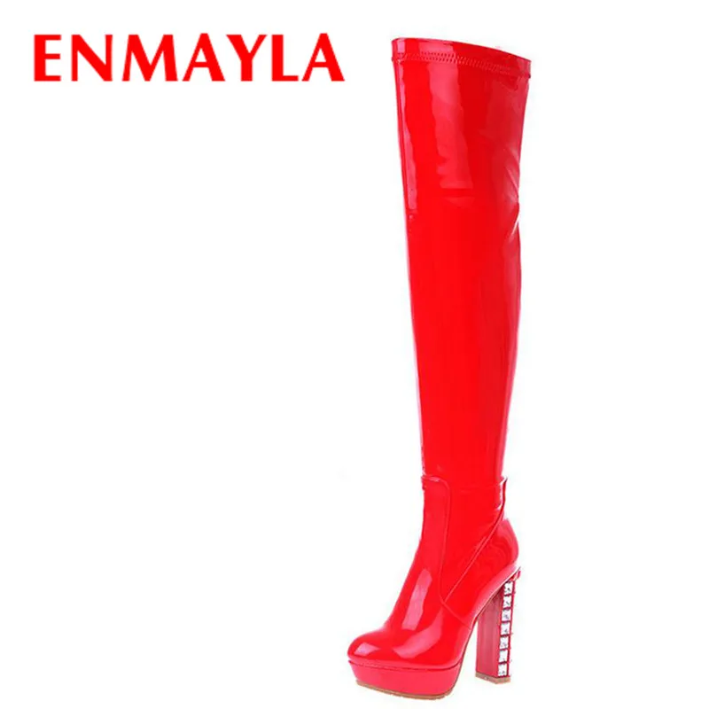 ENMAYLA Стразы лакированная кожа Платформа длинные сапоги женская обувь на высоком