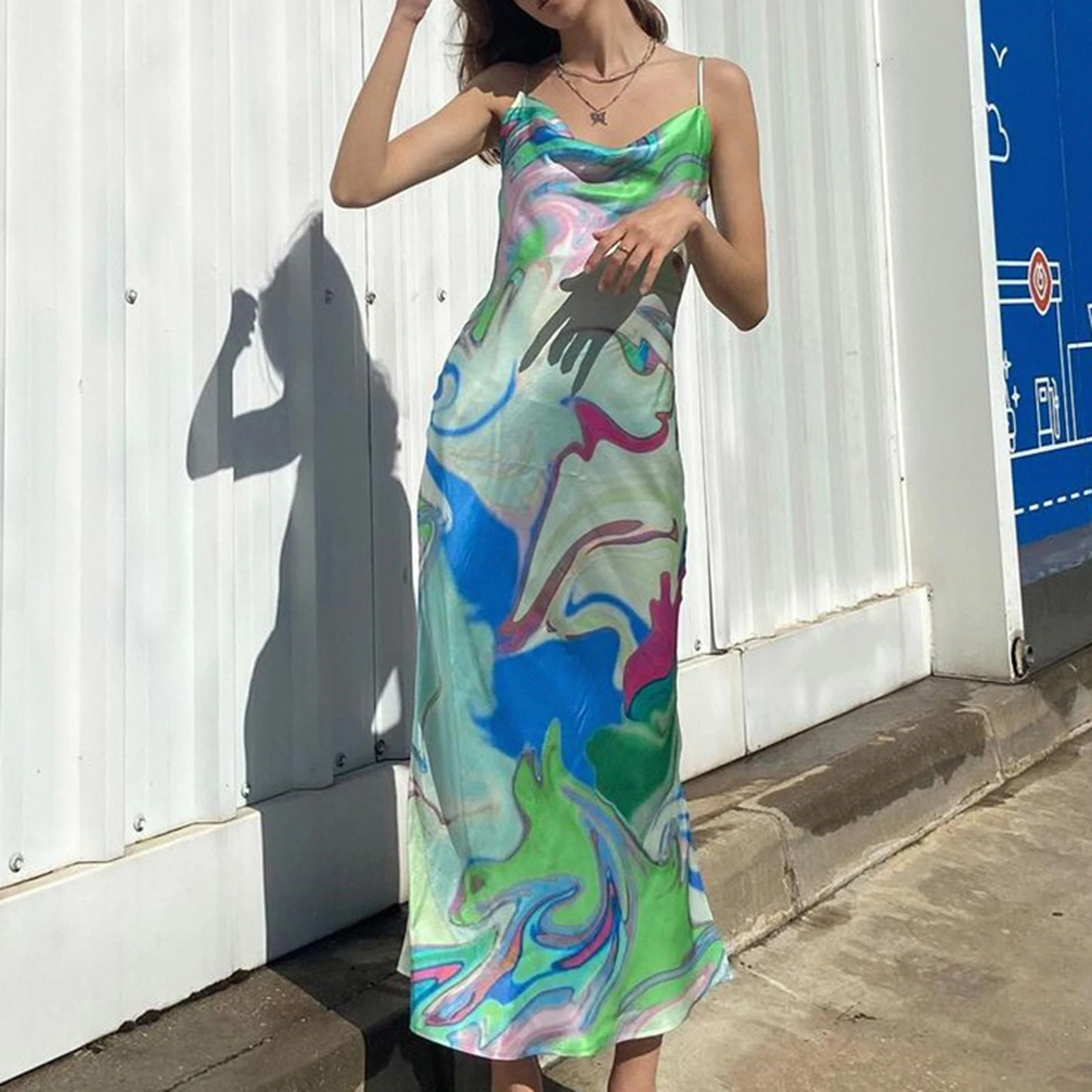 

Ladies Summer Slim-fit Dress, Adults Sleeveless Printed Cowl Neck Spaghetti Strap Dress for Women 2021