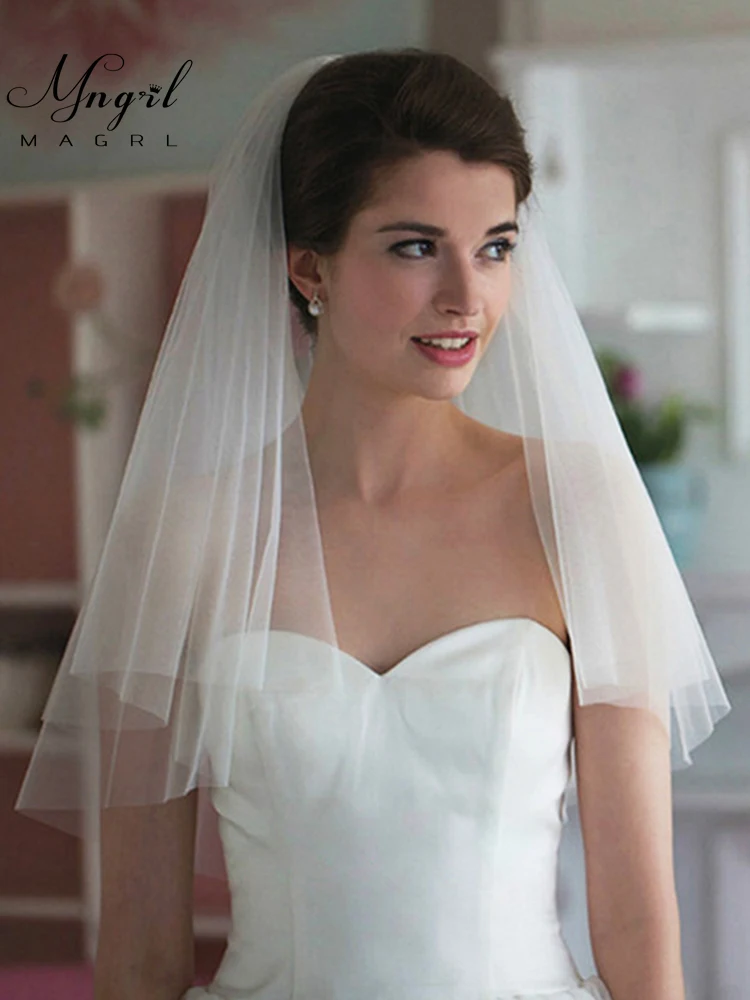 

MNGRL Wedding Accessories Bridal Veil Headdress Simple Retro Double Veil 60-80CM Pure Color Veil With Comb White Lace Soft Yarn