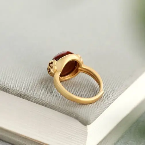 

Southern Red Agate Simple S925 Sterling Silver Ring for Women Adjustable Ring Court Vintage Jewelry Sterling Silver Ethnic Style