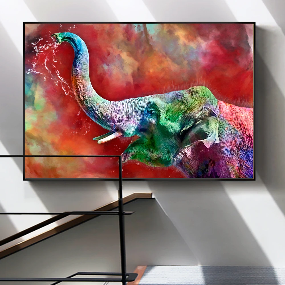 

DDWW Animal Canvas Painting Colored Elephant Squirting Water Big Size Modern Pop Canvas for Home Decor Wall Art Poster