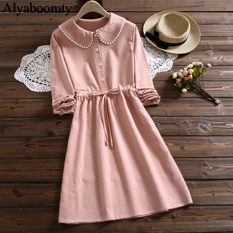 Женское платье с воротником Питер Пэн на завязках длинным рукавом | Женская