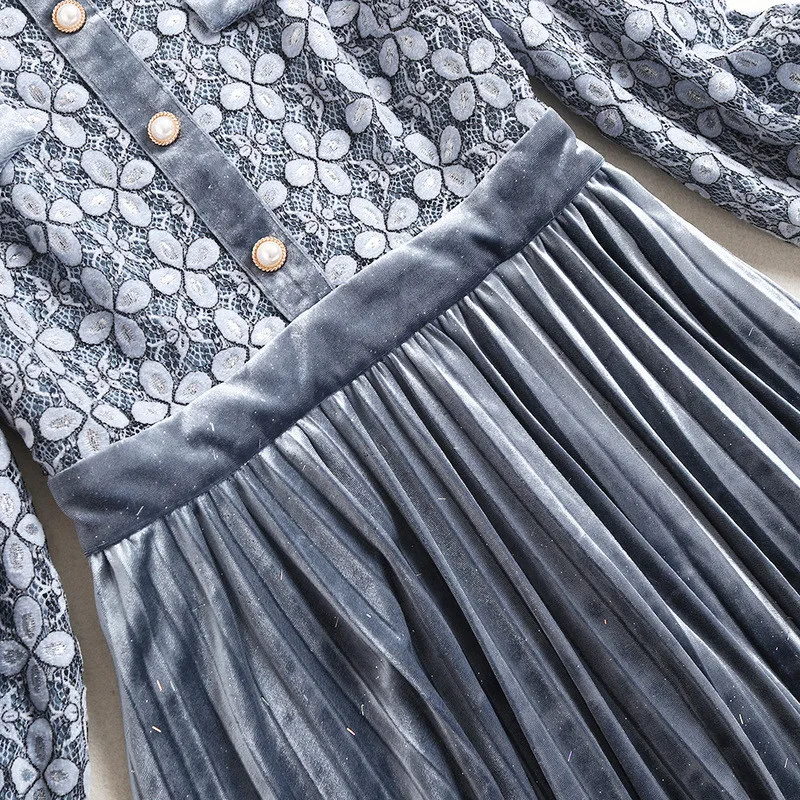 

High Quality Fashion Designer Runway Women Long Sleeve Lace Patchwork Pleated Velvet Dress Autumn Winter Clothes 2020