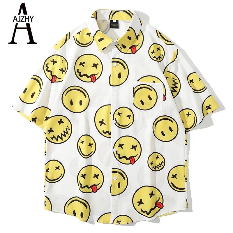 

Summer Fashion Smiley Face Printed Beach Shirts Turn-down Collar Hip Hop Short Sleeve Shirts for Men Streetwear Hawaiian Shirts