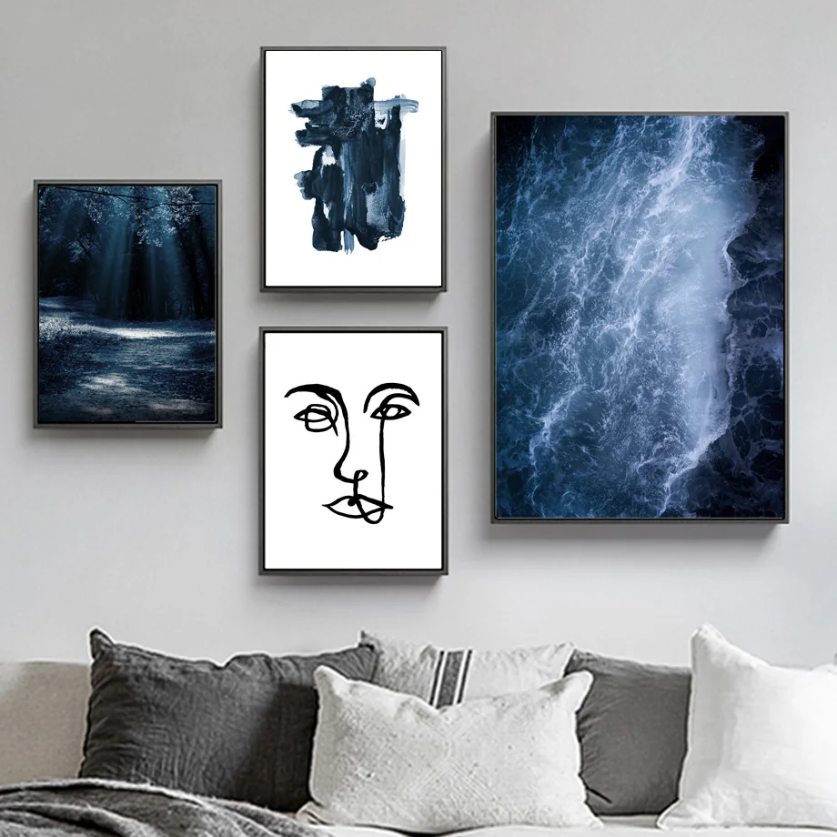 Абстрактная линия лица лес озеро морские волны настенная живопись холст