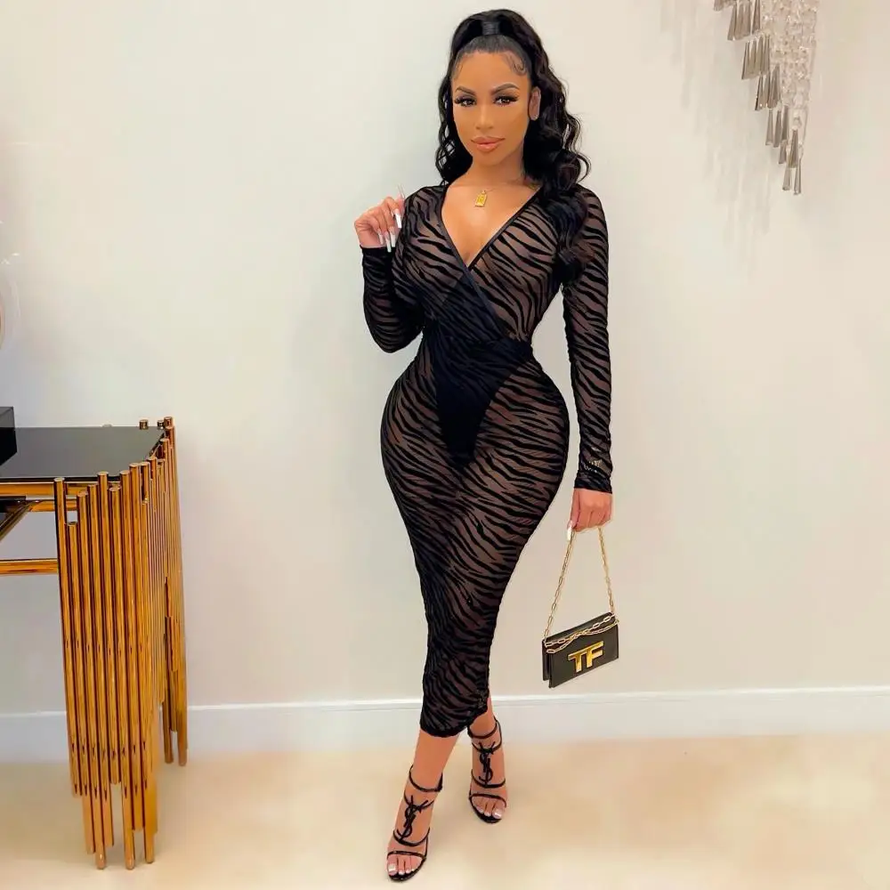 

Sexy V-Neck Split Sheer Mesh See Through Nightclub Dress Long Sleeve Middle Waist Black Long Vestidos Women's Bodycon Maxi Dress